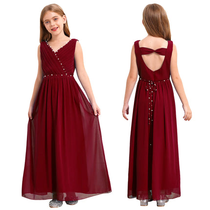 Kids Girls Wedding Bridesmaid Dress Spaghetti Strap Elegant Chiffon Maxi Party Dresses with Faux Pearls Belt for Banquet Pageant