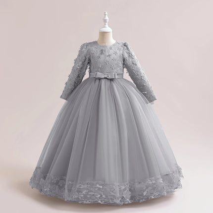 Long Sleeve Flower Bridesmaid Girls Dress Children Christmas Costume Lace Bow Princess Kids Dressees For Girl Party Wedding Gown