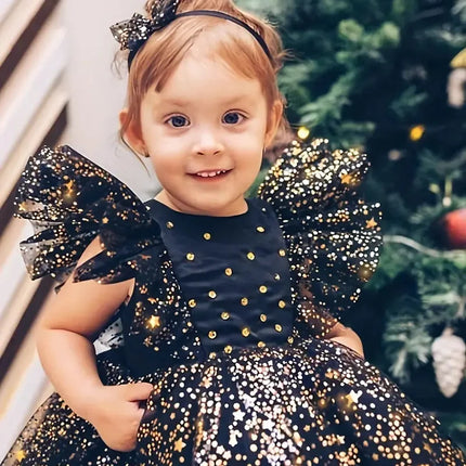 Toddler Baby Girls Luxury Star Sequins Flying Sleeve Bow Princess Dress For Infant 1st Year Birthday Baptism Christmas Prom Gown