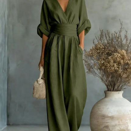 Summer Short-sleeved Jumpsuit Fashion Casual V-Neck Wide-Leg Pants Womens Clothing
