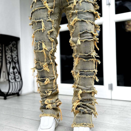 Ins Fringes Ripped Trousers Individual Patched Pants Long Tight Fit Stacked Jeans For Mens Clothing