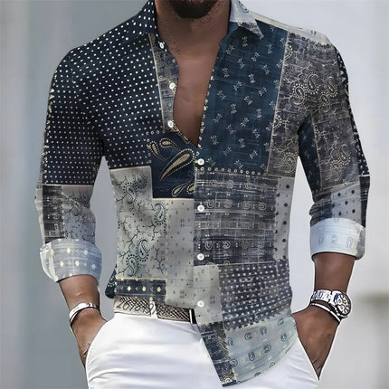 Men's light luxury style printed long-sleeved shirt, retro paisley design casual shirt, plus size loose fit versatile menswear