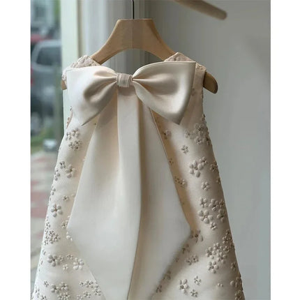 Ivory Vintage Flower Girls Dress Baby Infant Toddler Baptism Clothes Satin Ball Gowns Custom Made Puffy Birthday Party Eid Dress