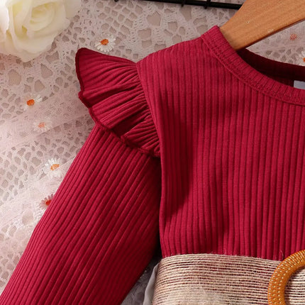 1-7 Years Children Girls New Year Dress Red Long Sleeved Flower Skirt for Birthday Wedding Party Wear Fashion Autumn Outfits