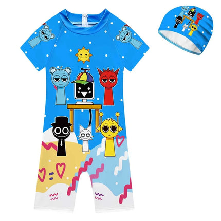Summer Sprunki Plush Swimwear Kids Costume Toddler Baby One-piece Swimming Cap Bathing Suit Boys Girls Sprunki Print Beachwear