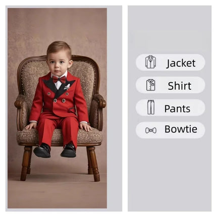 Flower Boys Red Wedding Dress Kids Double-breasted Suit Set Children's Birthday Ceremony Performance Costume