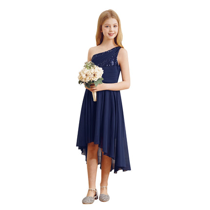 2026 Teens Girl's Dress for Wedding Party Sequin One Shoulder Princess Formal Gown for Holy Communion Chiffon Flower Girl Dress