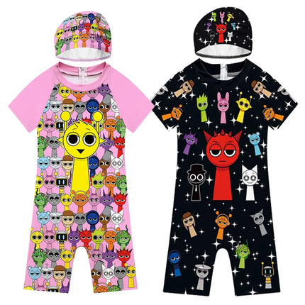 Summer Sprunki Plush Swimwear Kids Costume Toddler Baby One-piece Swimming Cap Bathing Suit Boys Girls Sprunki Print Beachwear