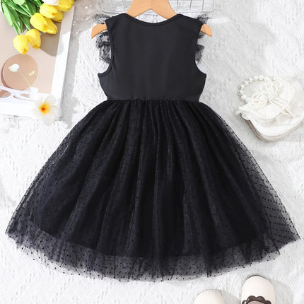 Girls' Summer Casual Fashion Flutter Sleeve Bowknot Polka Dot Velvet Mesh Dress Beach Wedding Holiday Party Princess Dress Gift
