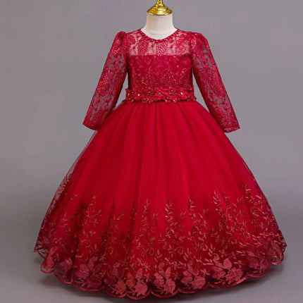 Embroidery Girl Party Dress for Wedding Long Sleeve Children Girls' Red Clothes Kids Elegant Evening Dresses 4-12Y