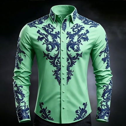 Men's Luxury Baroque Print White Satin Dress Shirt Long Sleeve Slim Fit Formal Business Party Button Down Shirt