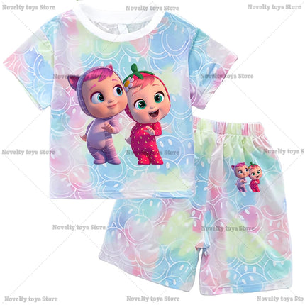 Crying Babies T-shirt Set Children Summer Clothing Girl Cartoon Anime Short Sleeve Sets Leisure Kawaii Clothes Kid Cute Tee Gift