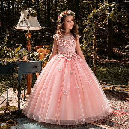 Summer Flower Bridesmaids Girls Dress Vestido Elegant Baptism Wedding Princess Prom Party Dresses For Girls Bow Birthday Costume