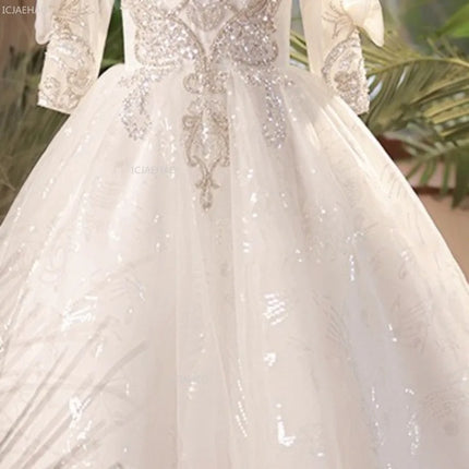New Girls White Flower Girl Wedding Dress Children Middle Gown for Host Performance Pageant Formal Sleeve Puffy Princess Party