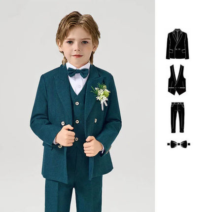 Children Dark Green 4Pieces/Set Jacket Vest Pants Bowtie Photograph Suit Gentleman Kids Elegant Dress Boys Performance Costume