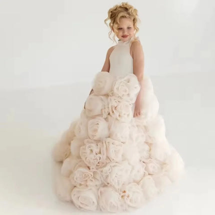 Luxury White Ivory Flower Girl Dresses Pearls Dubai Kids Princess Birthday Wedding Party Children Holiday Gown
