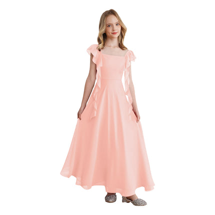 Girls Ruffle Sleeve Chiffon A Line Party Dress Summer Kids Flower Girl Wedding Dress Princess Birthday Party Formal Long Dress