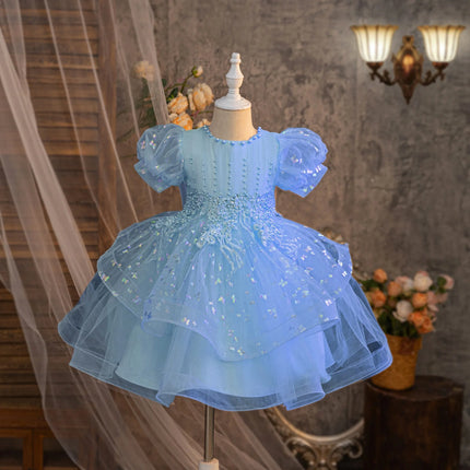 Children's Puff Sleeve Princess Dress Export Flower Girl Printed Short Dress Wedding Dress Girls High-End Tutu Skirt Europe