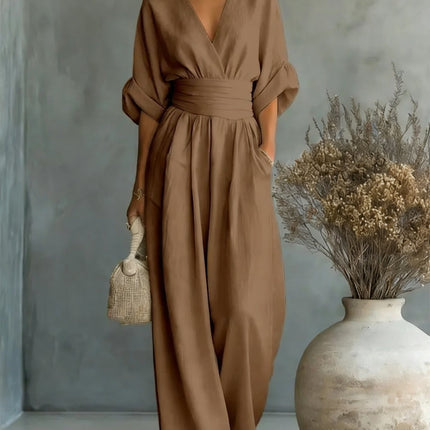 Summer Short-sleeved Jumpsuit Fashion Casual V-Neck Wide-Leg Pants Womens Clothing
