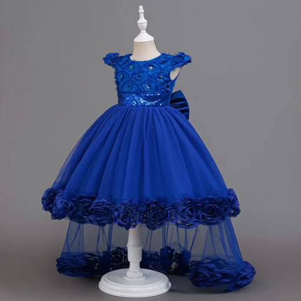 Flower Girl Dress 3D Rose Lace Tulle Sequin Waistband Princess Gown Birthday Holiday Wedding Party Formal Girls Dresses 3-12Y