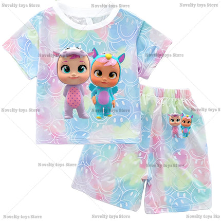 Crying Babies T-shirt Set Children Summer Clothing Girl Cartoon Anime Short Sleeve Sets Leisure Kawaii Clothes Kid Cute Tee Gift