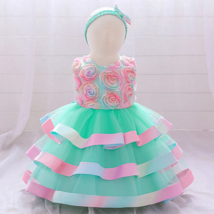 Toddler Colorful Flower 1st Birthday Baby Girl Dress Elegant Wedding Party Baptism Princess Dresses Girl Bow Bridesmaids Costume