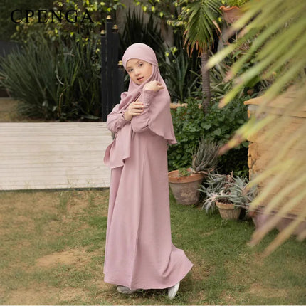 Two-piece Muslim Set for Girls Ramadan Kids Modest Abaya Dress with Khimar Eid Church Prayer Outfits Islamic Girl Plain Clothes