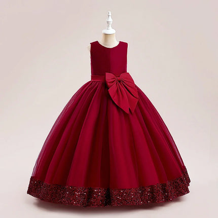 Fluffy Sequin Bridemaid Princess Girls Dress Elegant Bow Pink Wedding Prom Evening Kids Party Dresses for Girl Birthday Costumes