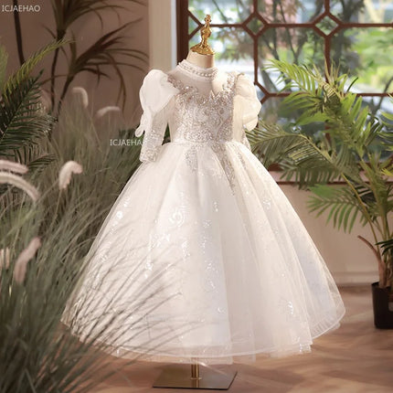 New Girls White Flower Girl Wedding Dress Children Middle Gown for Host Performance Pageant Formal Sleeve Puffy Princess Party
