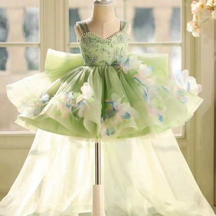 Luxurious and Elegant Girls Summer Dress Green Flower Girl Wedding Dress Children's Birthday Piano Performance Tail Princess Dre