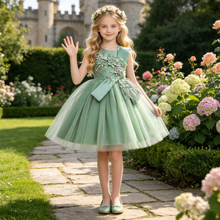 Summer Flower Wedding Party Girl Dress Elegant Tulle Birthday Princess Prom Dress for Girls Gala Bow Bridemaids Evening Costumes