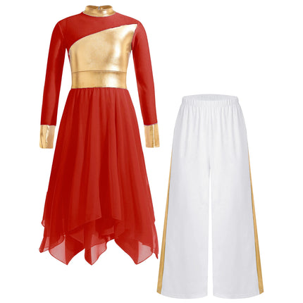 Kids Girls Praise Clothes Set Ballet Lyrical Performance Costume Metallic Church Christian Worship Robe Dress Tunic Dancewear
