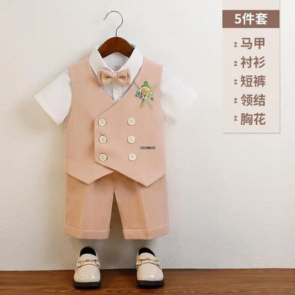 Boys Summer Vest Shorts Performance Suit Children Formal Wedding Dress Kids Photography Suit Baby Birthday Ceremony Costume
