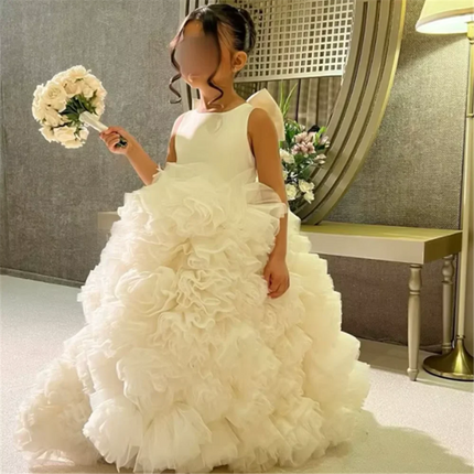 Luxury White Ivory Flower Girl Dresses Pearls Dubai Kids Princess Birthday Wedding Party Children Holiday Gown