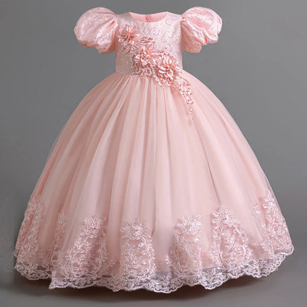 Elegant Bridesmaids Party Girls Dresses Puff Sleeve Tulle Wedding Costume Flower Birthday Princess Dress Girls Baptism Prom Gown