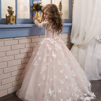 Elegant and lovely butterfly floor mopping flower girl wedding dress, lace long sleeved ball dress