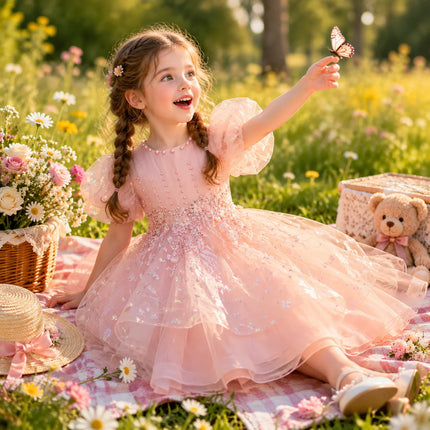 Children's Puff Sleeve Princess Dress Export Flower Girl Printed Short Dress Wedding Dress Girls High-End Tutu Skirt Europe
