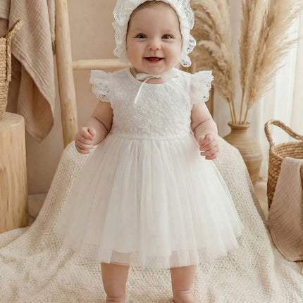 Baby Girl, 0-2 Years Old, White Dress with Lace Trim and Floral Embroidery, Fluffy Net Fabric, for Baptism, with a Hat