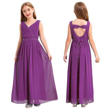 Kids Girls Wedding Bridesmaid Dress Spaghetti Strap Elegant Chiffon Maxi Party Dresses with Faux Pearls Belt for Banquet Pageant