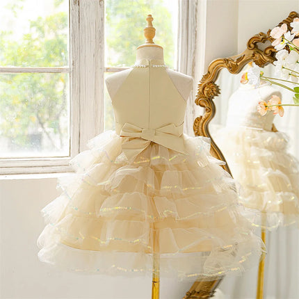 Girl Sequins Ball Gown Mesh Layered Dress Elegant Princess Wedding Childrens Birthday Party Piano Fashion Performance Costume