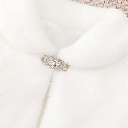 Girls' White Faux Fur Cape for 4-8Y, Kids' Wedding Flower Girl Shrug with Rhinestone Clasp, Winter Party Dress Cover Up