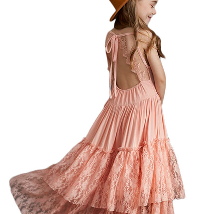 Big Girls Flower Wedding Party Backless Chiffon Dress Princess Kids Bohemia Lace Long Dresses Vestidos Clothing For 3-15 Years