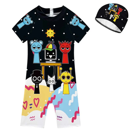 Summer Sprunki Plush Swimwear Kids Costume Toddler Baby One-piece Swimming Cap Bathing Suit Boys Girls Sprunki Print Beachwear