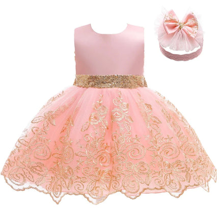 Kids Lace V Back Princess Dress Headwear Cute Baby Girls 1 Year Birthday Party Newborns Wedding Formal Baptism Tutu Vestidos