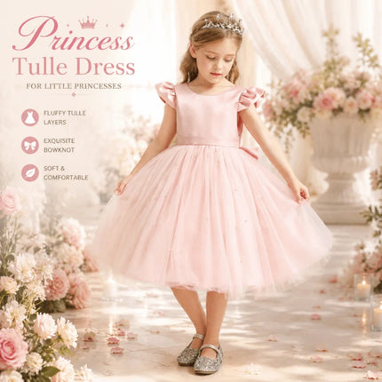 Fashion Red Pink Children's Bow Princess Dress‌ Big Bow Backless Girls Puffy Dress Tulle Flower Girl Dress Wedding Gown