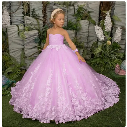 Elegance Flower Girl Dress Three Quartersleeve Appliqué Children Wedding Party Gowns New Kids Clothes Princess First Communion