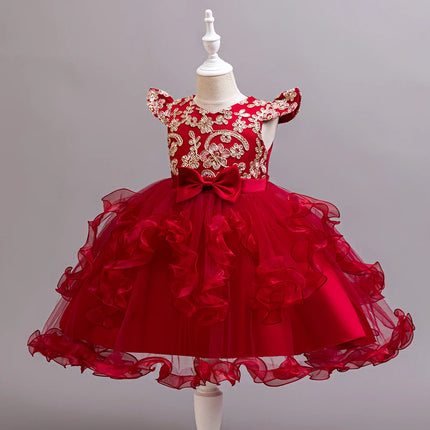 Girls' Embroidered Wedding Dress, Princess Stage Performance Gown with Sequin Bow, Short Sleeve, Regular Fit, All-Season, Party