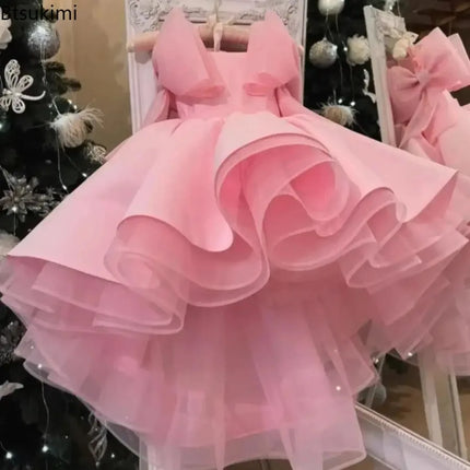2026 Flower Girl Dress First Christmas Dress Wedding Bridesmaid Gown Pink Ruffled Tulle Party Dress for Girls Formal Occasion