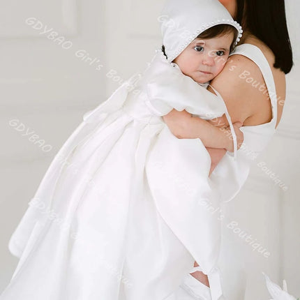 Baby Girls Baptism Dress Newborns Pearl Neck Puff Sleeves Christening Dress with Bow Custom Wedding Party Gowns for Flower Girls