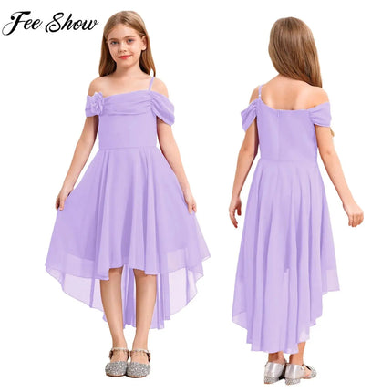 Children Girls Elegant Party Dress Off-shoulder Ruffled Chiffon Hi-low Applique Princess Gown for Birthday Wedding Evening Prom